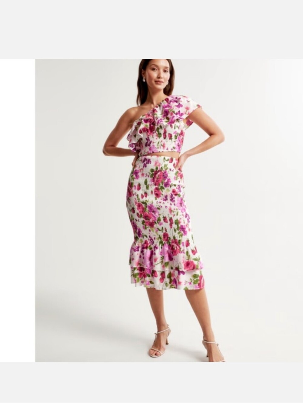 Abercrombie & Fitch Floral Smocked Two Piece Set Top trumpet Skirt Red Pink XS
